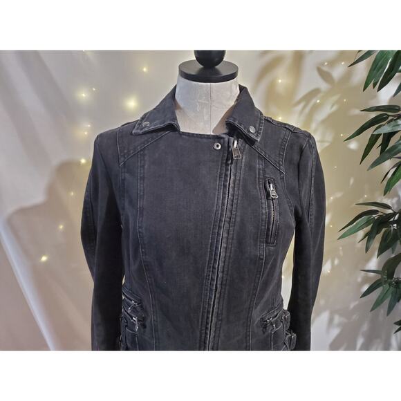 Free People Womens Buckle Strap Denim Moto Jacket Size 0 Black Fade Baddie Punk - Picture 7 of 12